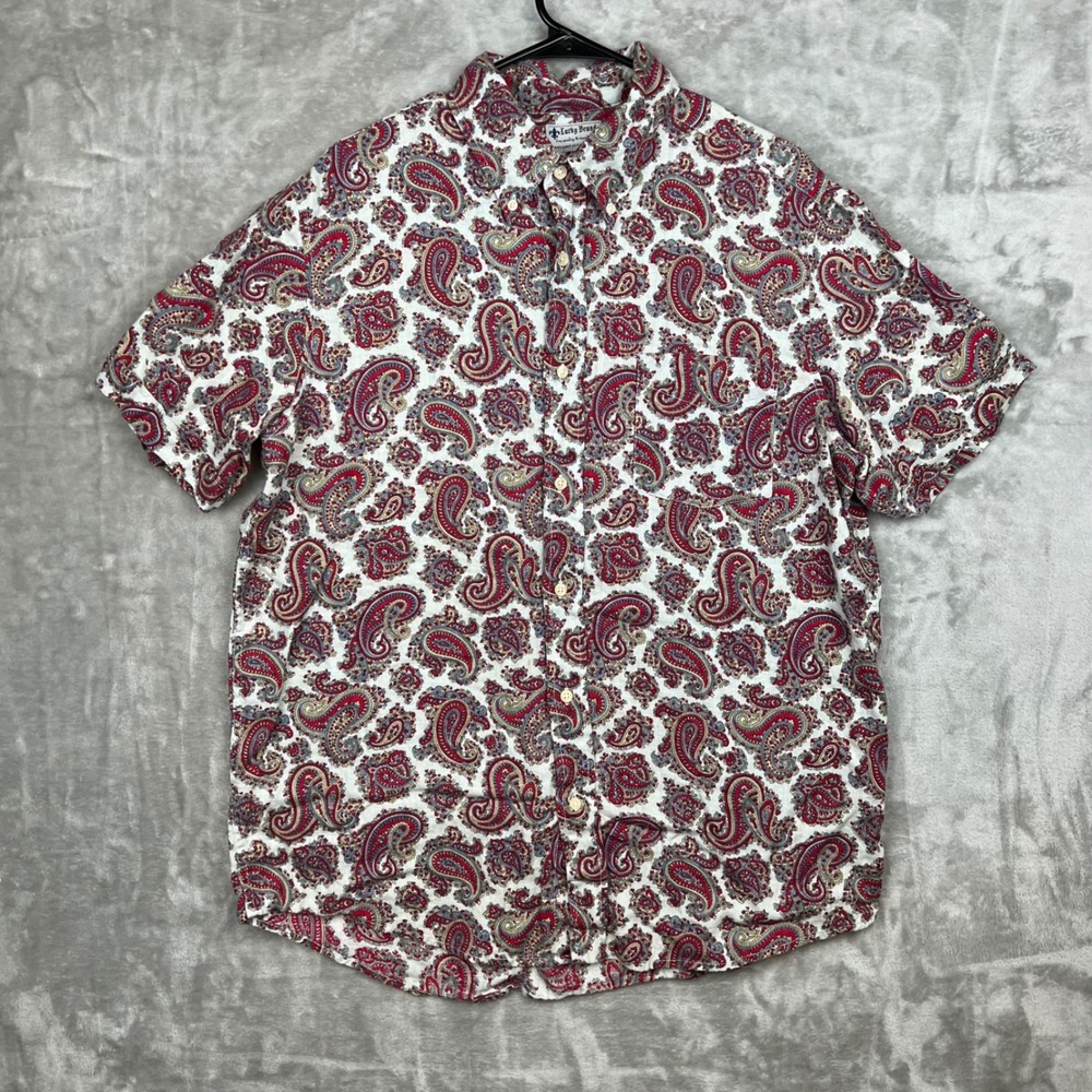 Vintage Lucky Brand Men's X-Large Linen‎ Paisley Short Sleeve Button Up Shirt